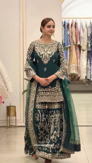Bottle Green Georgette Embroidered Sharara Suit ClothsVilla