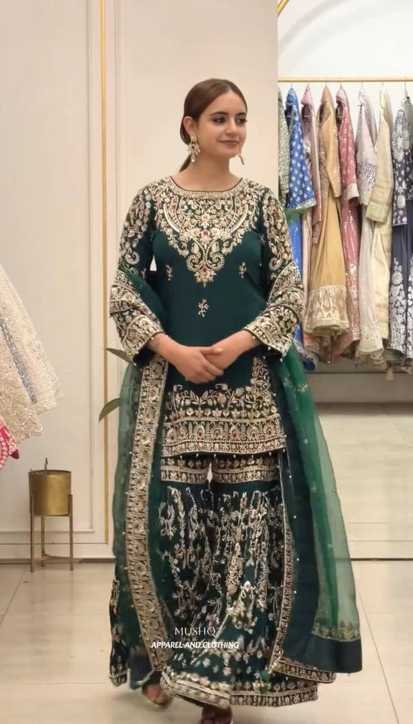 Bottle Green Georgette Embroidered Sharara Suit ClothsVilla