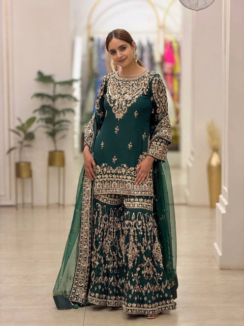 Bottle Green Georgette Embroidered Sharara Suit ClothsVilla Main image
