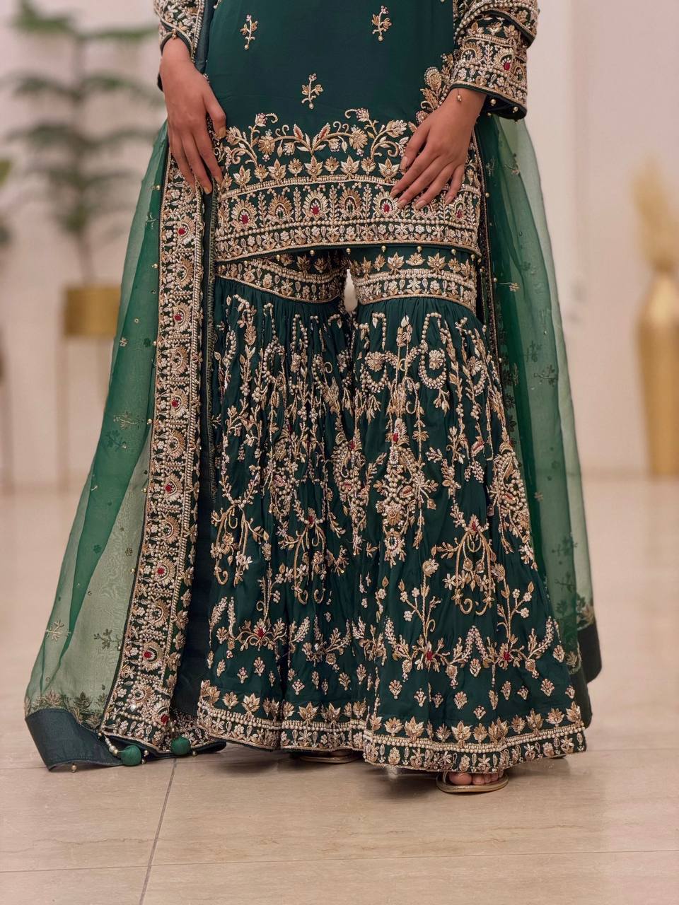 Bottle Green Georgette Embroidered Sharara Suit ClothsVilla