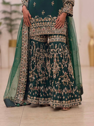 Bottle Green Georgette Embroidered Sharara Suit ClothsVilla