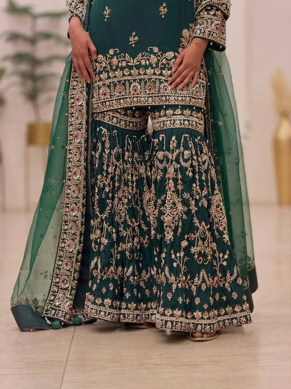 Bottle Green Georgette Embroidered Sharara Suit ClothsVilla