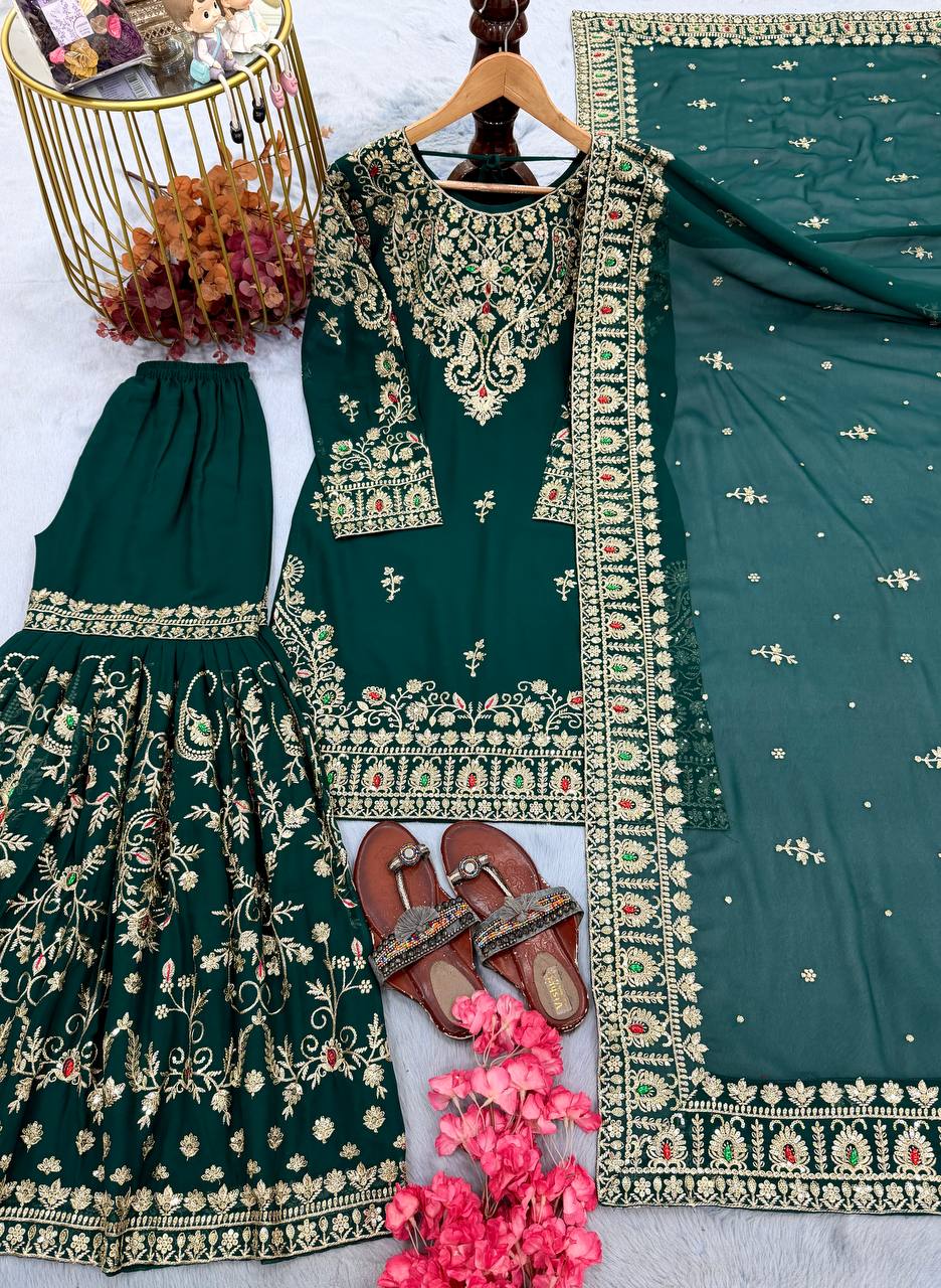 Bottle Green Georgette Embroidered Sharara Suit ClothsVilla