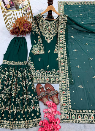 Bottle Green Georgette Embroidered Sharara Suit ClothsVilla