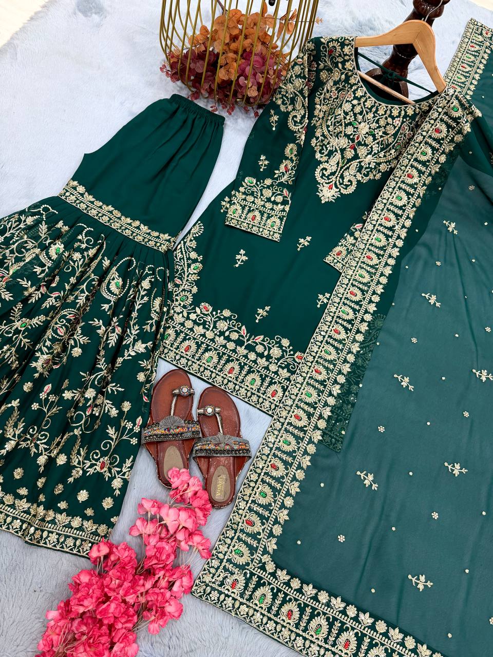 Bottle Green Georgette Embroidered Sharara Suit ClothsVilla