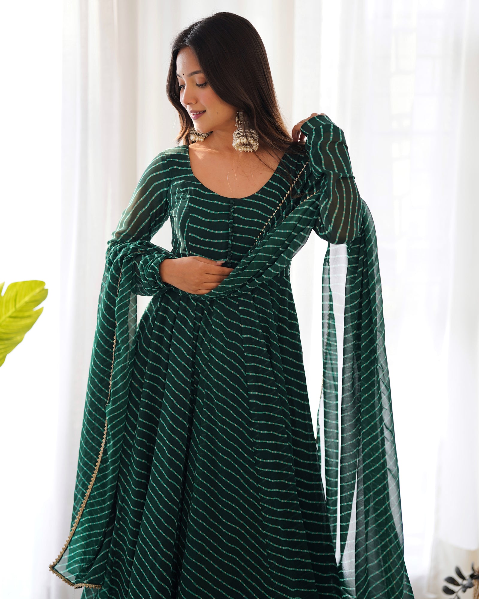 Bottle Green High-End Pure Fox Georgette Laheriya Print Anarkali Set with Dupatta – Perfect for Summer Weddings