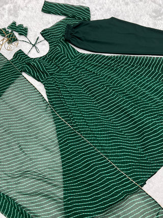 Bottle Green High-End Pure Fox Georgette Laheriya Print Anarkali Set with Dupatta – Perfect for Summer Weddings