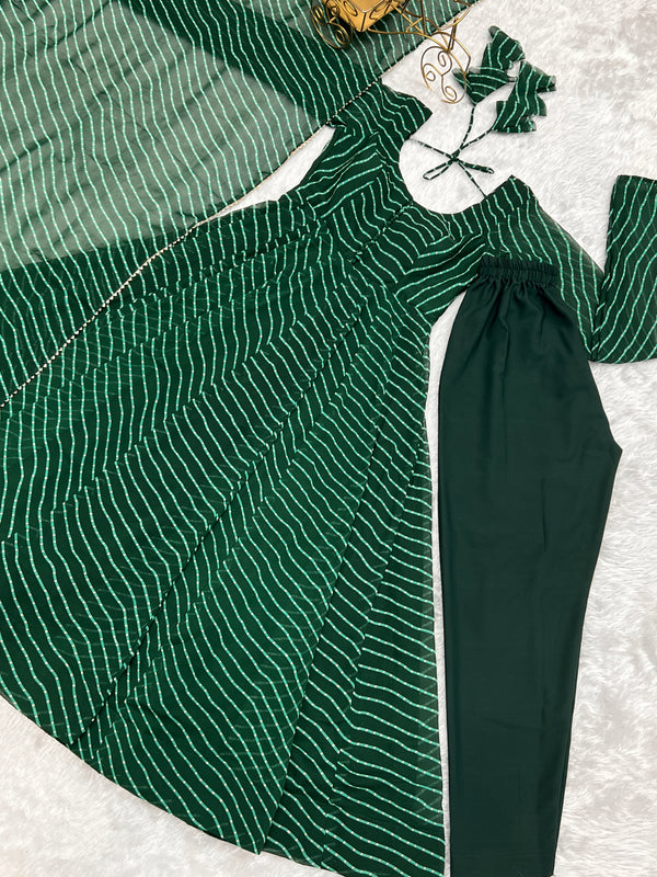Bottle Green High-End Pure Fox Georgette Laheriya Print Anarkali Set with Dupatta – Perfect for Summer Weddings