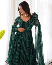 Load image into Gallery viewer, Bottle Green High-End Pure Fox Georgette Laheriya Print Anarkali Set with Dupatta – Perfect for Summer Weddings