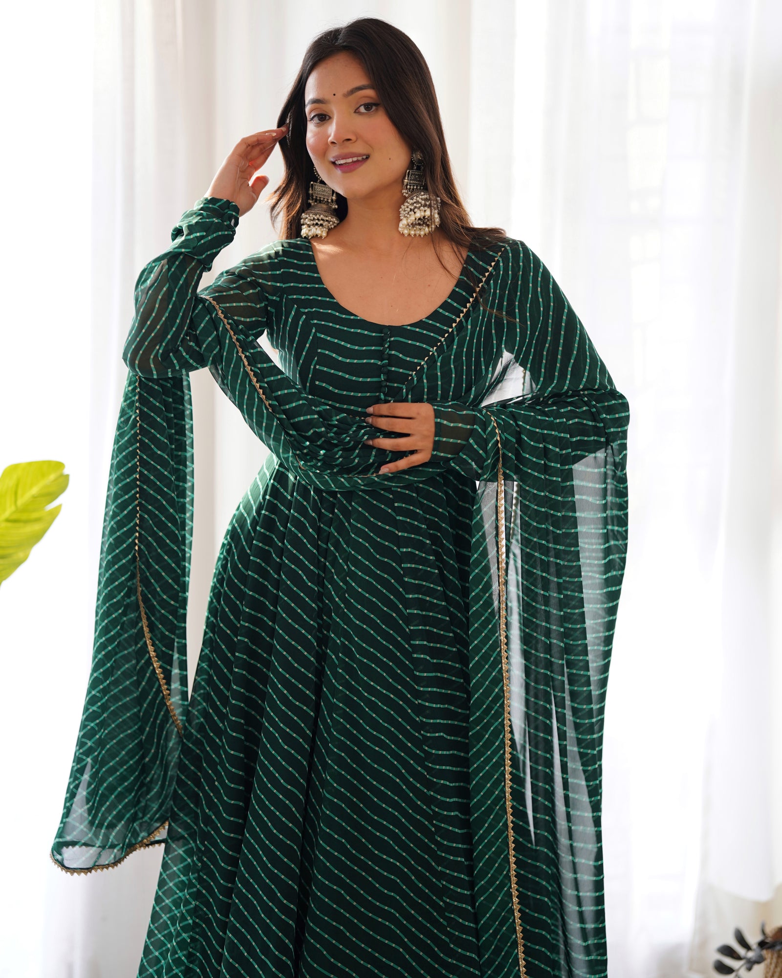 Bottle Green High-End Pure Fox Georgette Laheriya Print Anarkali Set with Dupatta – Perfect for Summer Weddings
