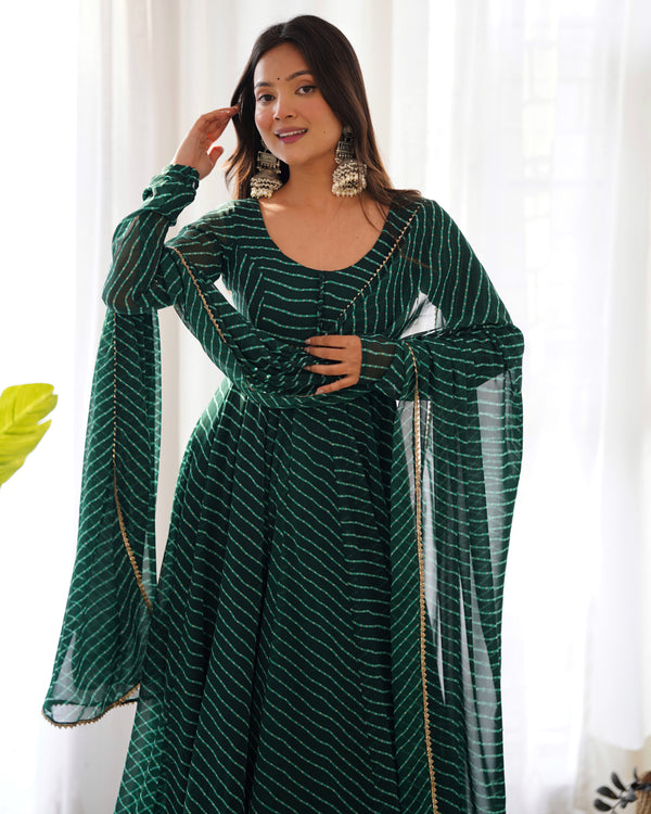 Bottle Green High-End Pure Fox Georgette Laheriya Print Anarkali Set with Dupatta – Perfect for Summer Weddings