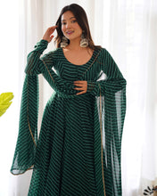 Load image into Gallery viewer, Bottle Green High-End Pure Fox Georgette Laheriya Print Anarkali Set with Dupatta – Perfect for Summer Weddings