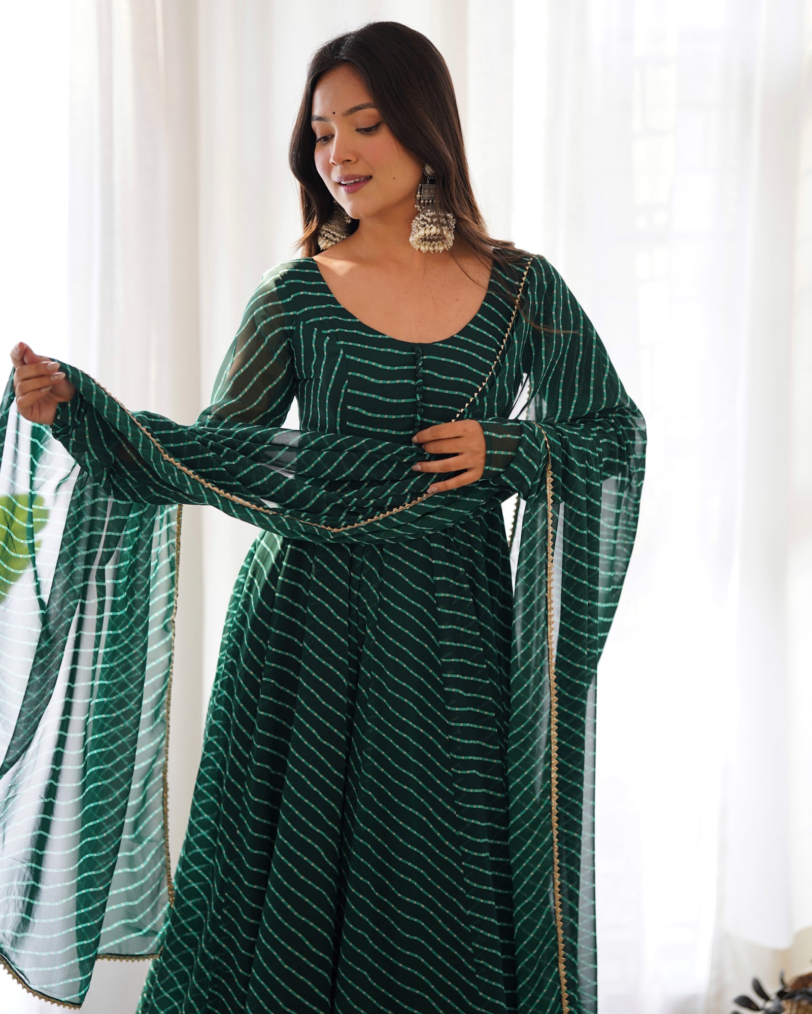 Bottle Green High-End Pure Fox Georgette Laheriya Print Anarkali Set with Dupatta – Perfect for Summer Weddings