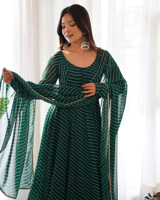 Bottle Green High-End Pure Fox Georgette Laheriya Print Anarkali Set with Dupatta – Perfect for Summer Weddings