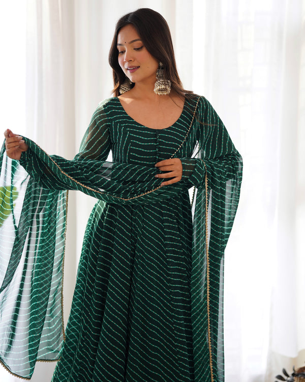 Bottle Green High-End Pure Fox Georgette Laheriya Print Anarkali Set with Dupatta – Perfect for Summer Weddings