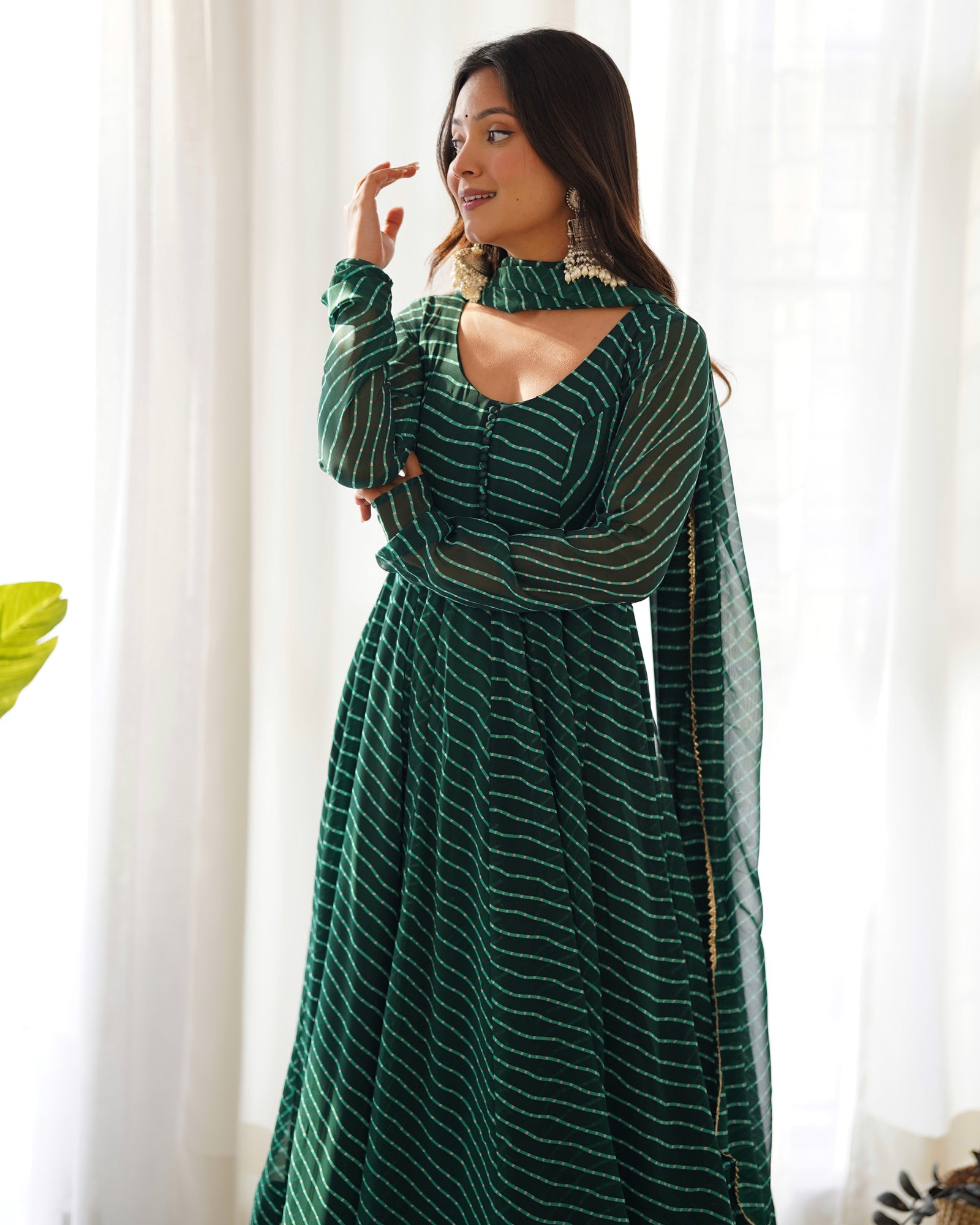 Bottle Green High-End Pure Fox Georgette Laheriya Print Anarkali Set with Dupatta – Perfect for Summer Weddings