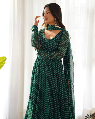 Bottle Green High-End Pure Fox Georgette Laheriya Print Anarkali Set with Dupatta – Perfect for Summer Weddings