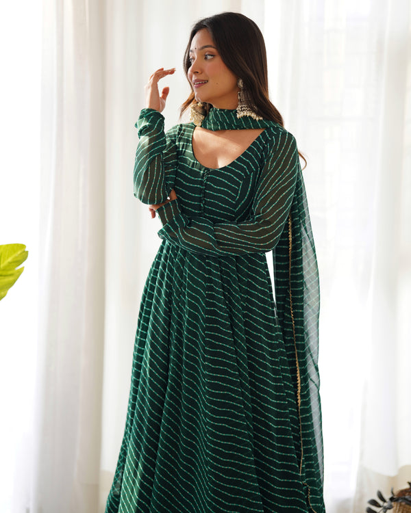 Bottle Green High-End Pure Fox Georgette Laheriya Print Anarkali Set with Dupatta – Perfect for Summer Weddings