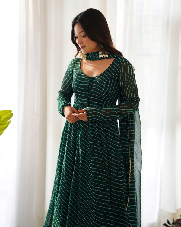 Bottle Green High-End Pure Fox Georgette Laheriya Print Anarkali Set with Dupatta – Perfect for Summer Weddings