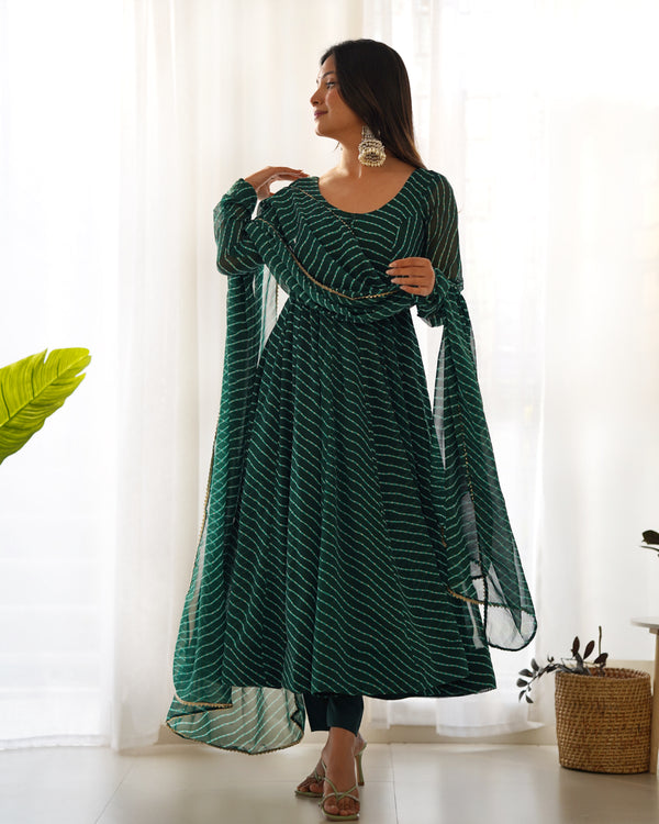 Bottle Green High-End Pure Fox Georgette Laheriya Print Anarkali Set with Dupatta – Perfect for Summer Weddings