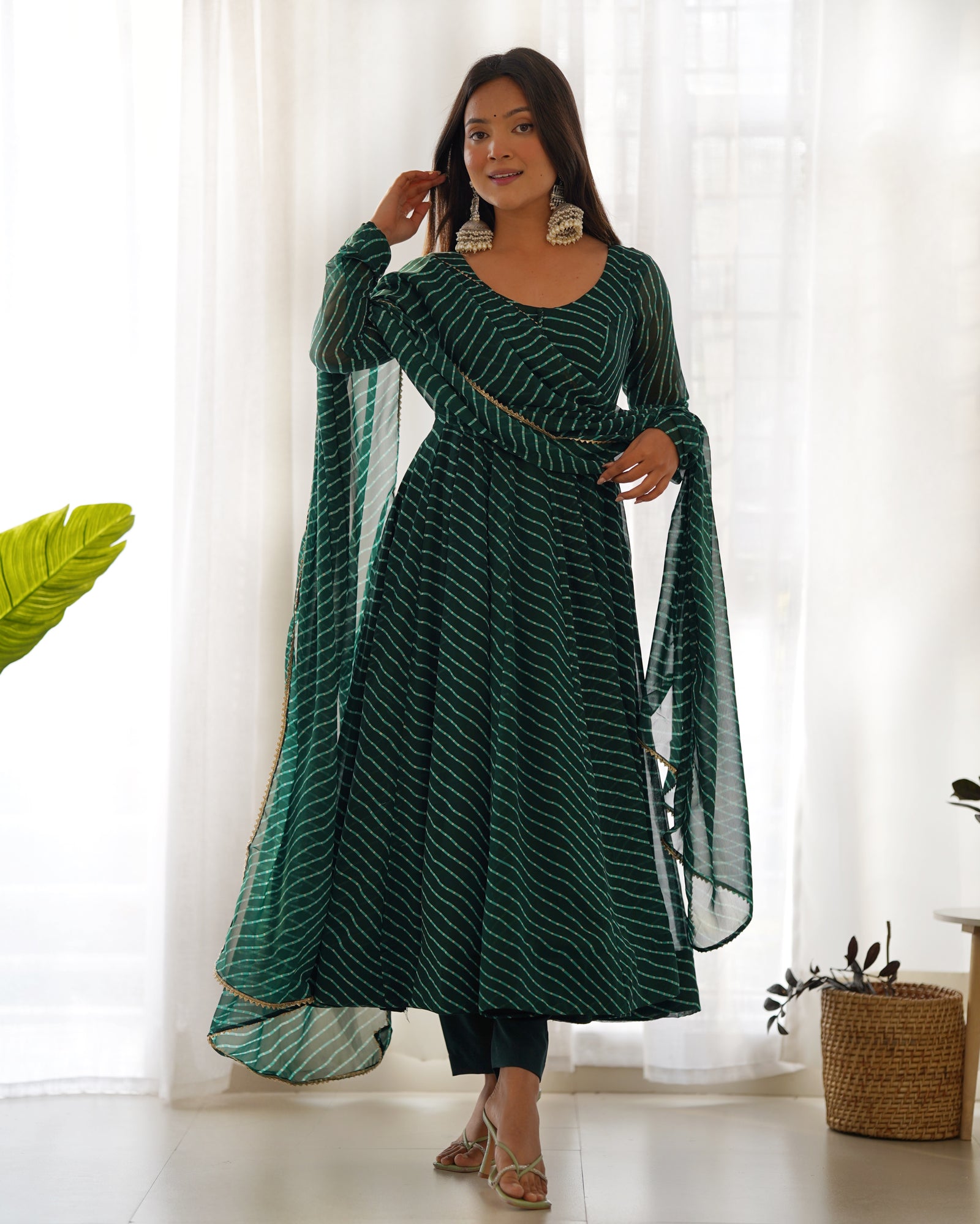 Bottle Green High-End Pure Fox Georgette Laheriya Print Anarkali Set with Dupatta – Perfect for Summer Weddings