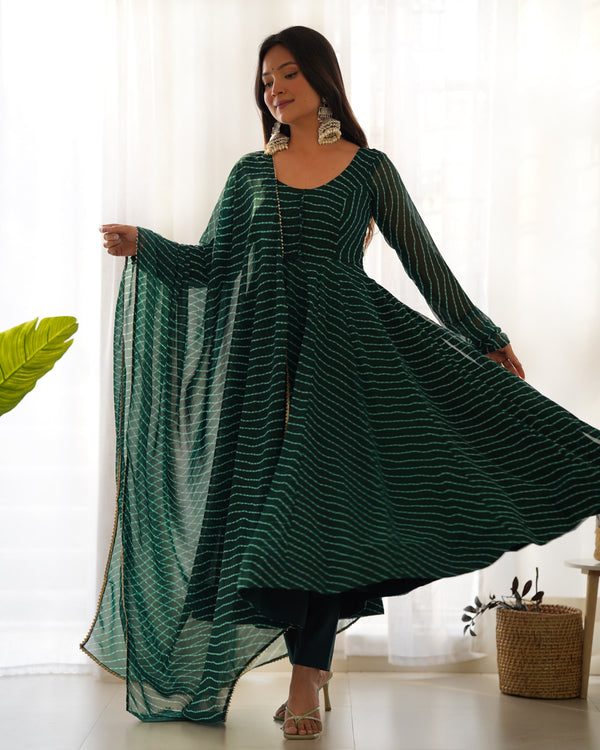 Bottle Green High-End Pure Fox Georgette Laheriya Print Anarkali Set with Dupatta – Perfect for Summer Weddings