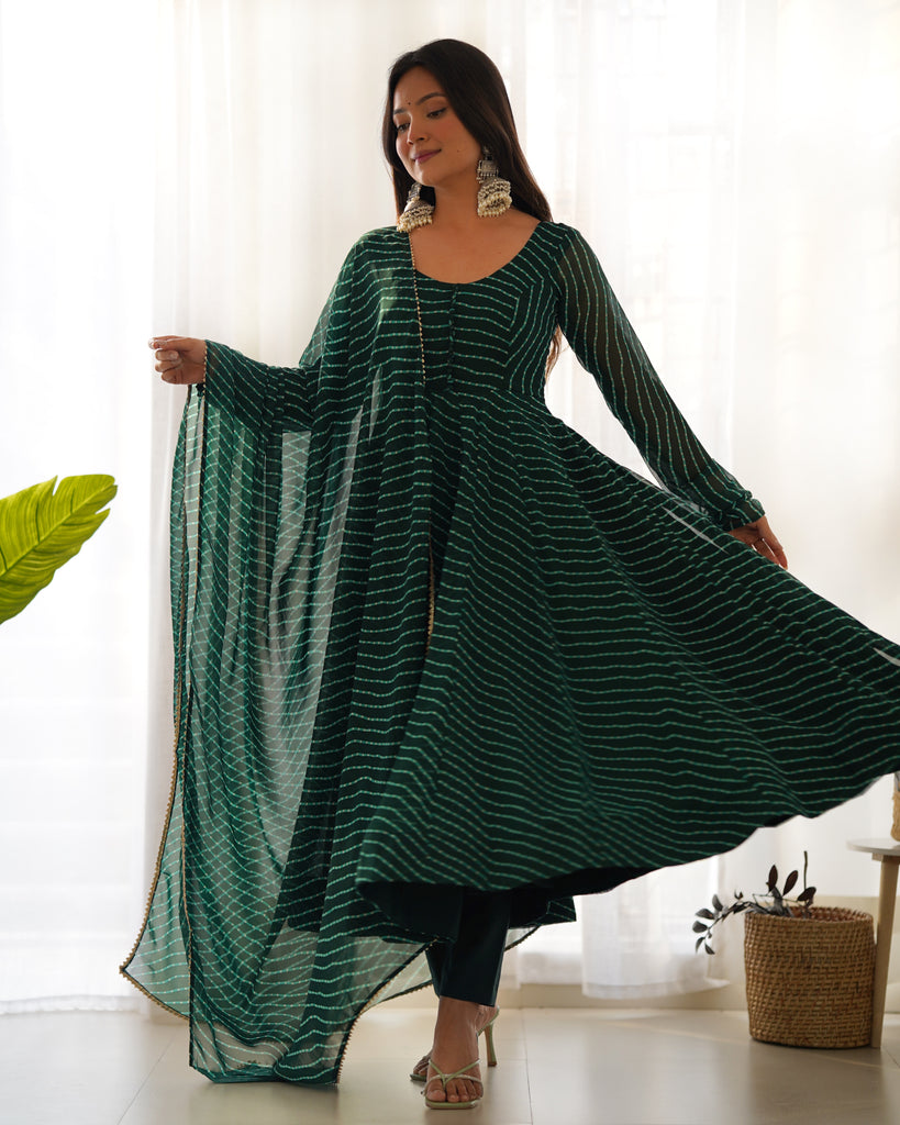 Bottle Green High-End Pure Fox Georgette Laheriya Print Anarkali Set with Dupatta – Perfect for Summer Weddings