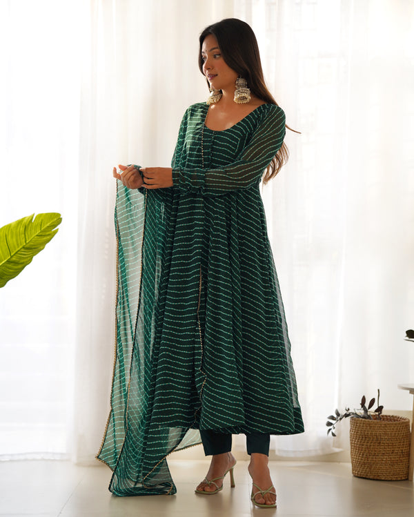 Bottle Green High-End Pure Fox Georgette Laheriya Print Anarkali Set with Dupatta – Perfect for Summer Weddings
