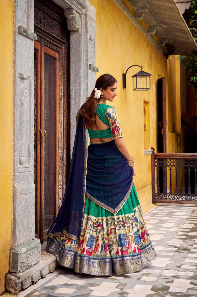 Bottle Green Kalamkari Printed Poly Chanderi Lehenga Set with Georgette Dupatta ClothsVilla