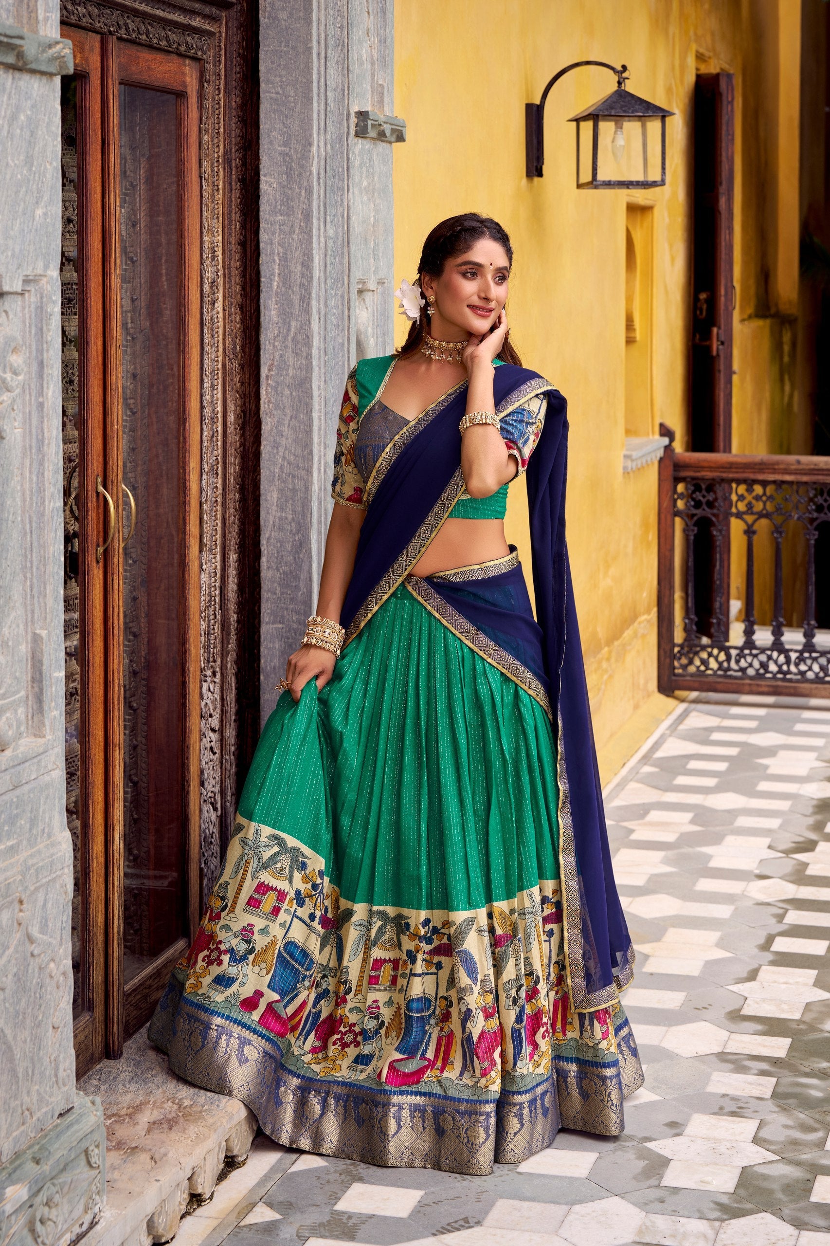Bottle Green Kalamkari Printed Poly Chanderi Lehenga Set with Georgette Dupatta ClothsVilla