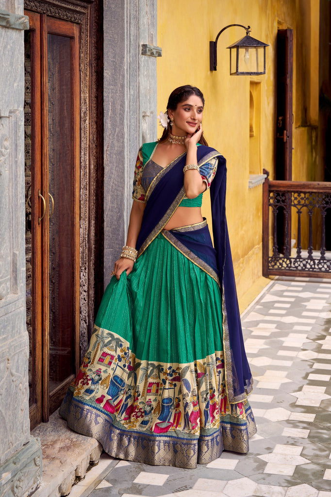 Bottle Green Kalamkari Printed Poly Chanderi Lehenga Set with Georgette Dupatta ClothsVilla