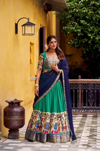 Bottle Green Kalamkari Printed Poly Chanderi Lehenga Set with Georgette Dupatta ClothsVilla