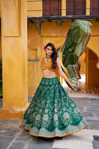 Bottle Green Lehenga Choli with Gotta Patti Lace ClothsVilla