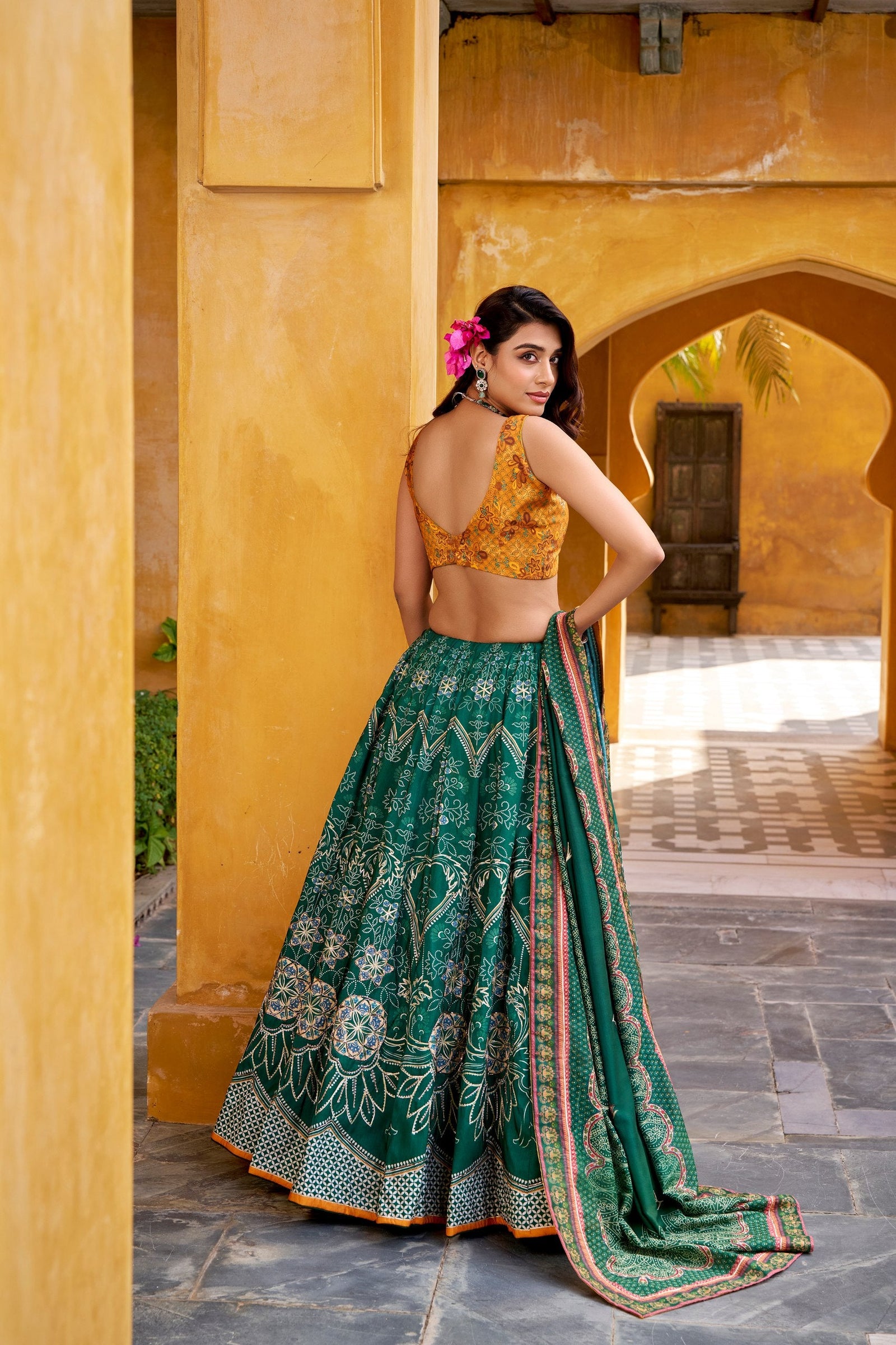 Bottle Green Lehenga Choli with Gotta Patti Lace ClothsVilla