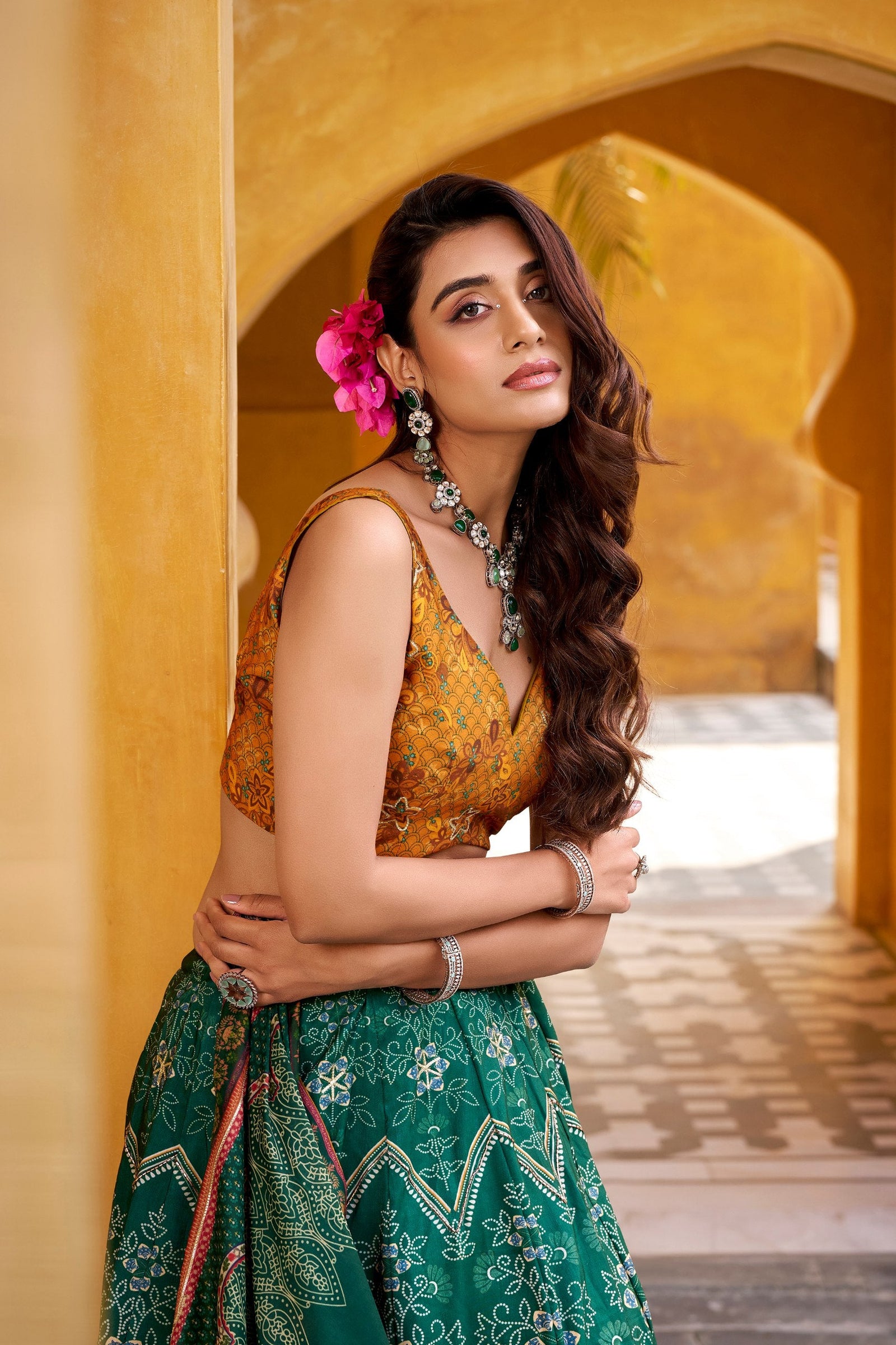 Bottle Green Lehenga Choli with Gotta Patti Lace ClothsVilla