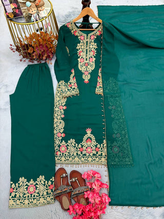 Bottle Green Palazzo Suit with Fancy Latkan Border ClothsVilla