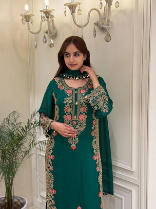 Bottle Green Palazzo Suit with Fancy Latkan Border ClothsVilla