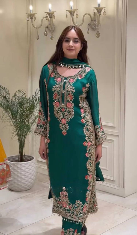Bottle Green Palazzo Suit with Fancy Latkan Border ClothsVilla Main image