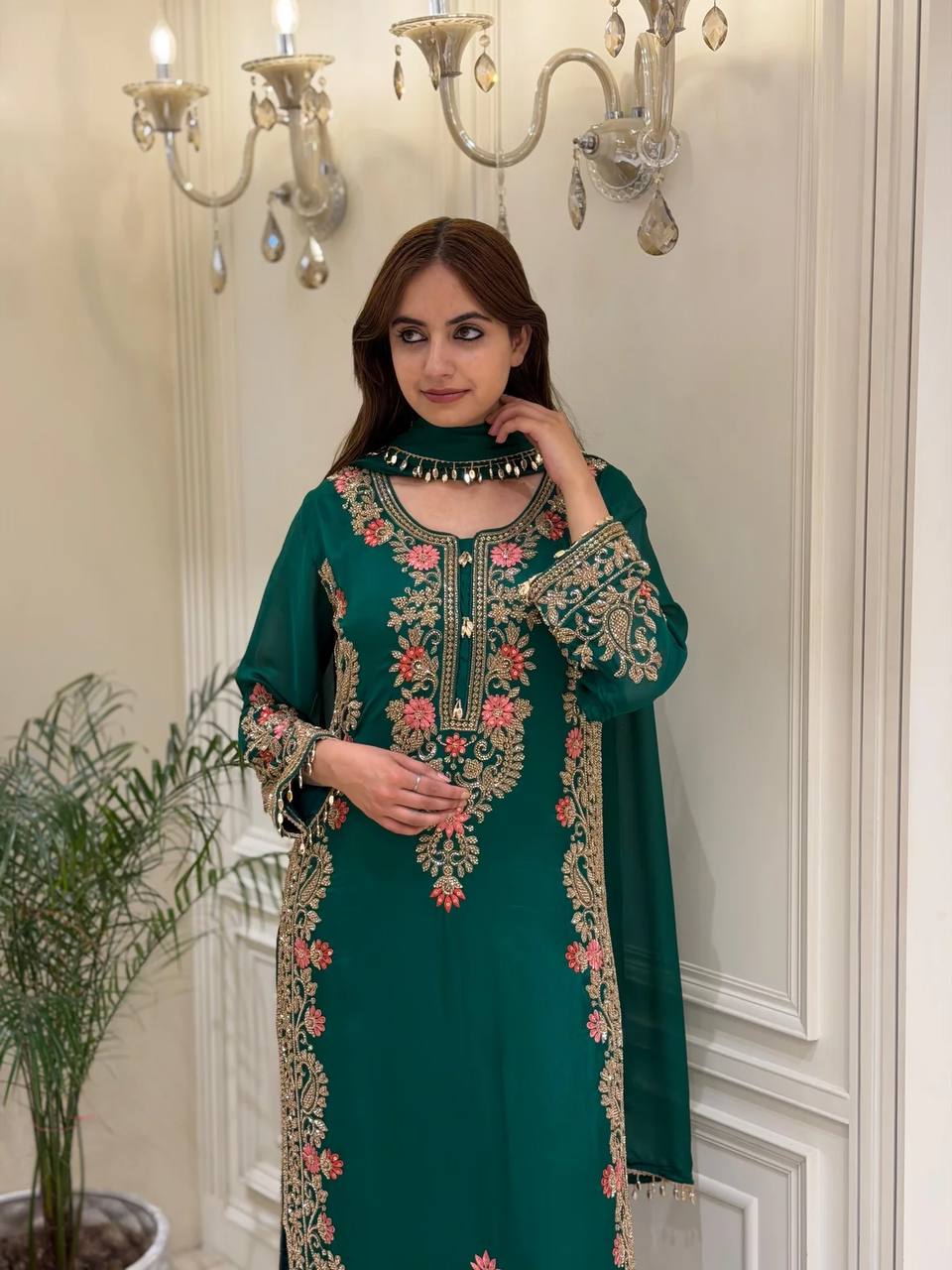 Bottle Green Palazzo Suit with Fancy Latkan Border ClothsVilla
