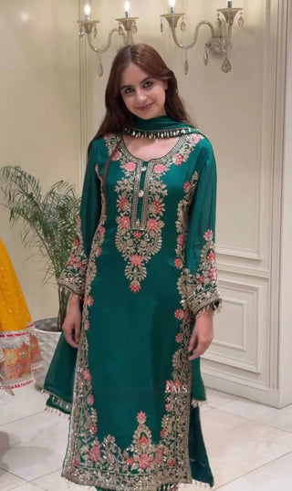 Bottle Green Palazzo Suit with Fancy Latkan Border ClothsVilla