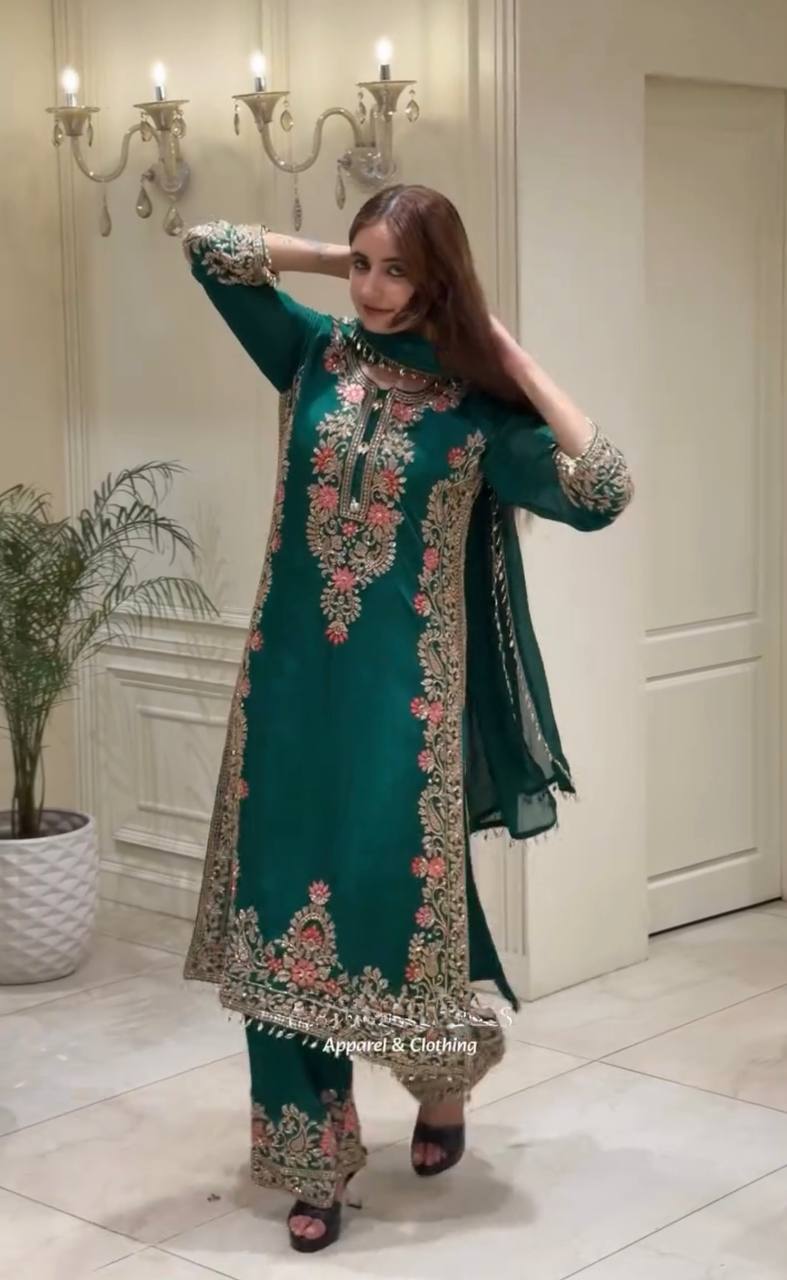 Bottle Green Palazzo Suit with Fancy Latkan Border ClothsVilla