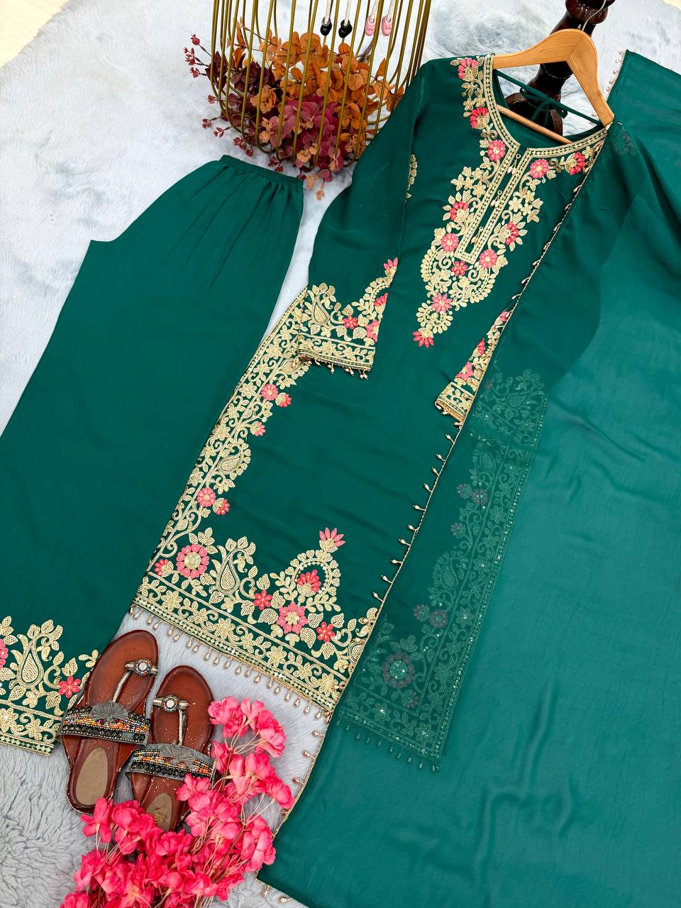 Bottle Green Palazzo Suit with Fancy Latkan Border ClothsVilla