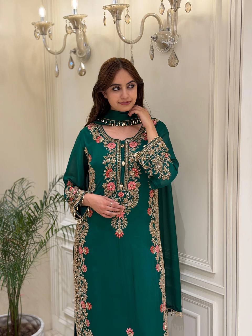 Bottle Green Palazzo Suit with Fancy Latkan Border ClothsVilla
