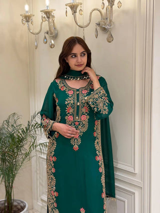 Bottle Green Palazzo Suit with Fancy Latkan Border ClothsVilla