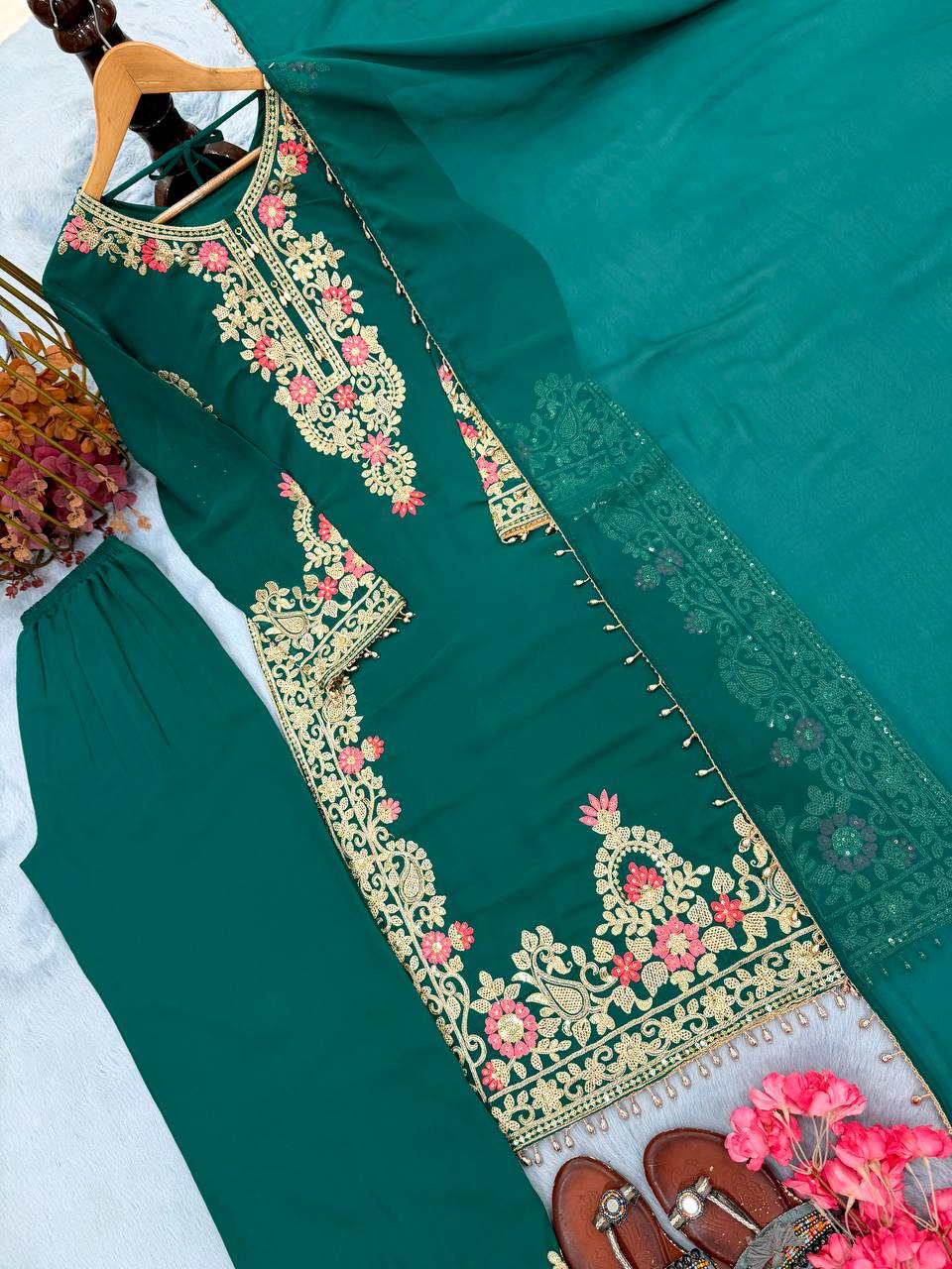 Bottle Green Palazzo Suit with Fancy Latkan Border ClothsVilla