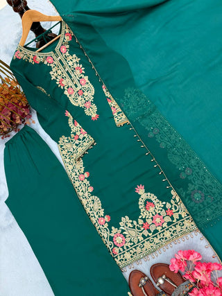 Bottle Green Palazzo Suit with Fancy Latkan Border ClothsVilla