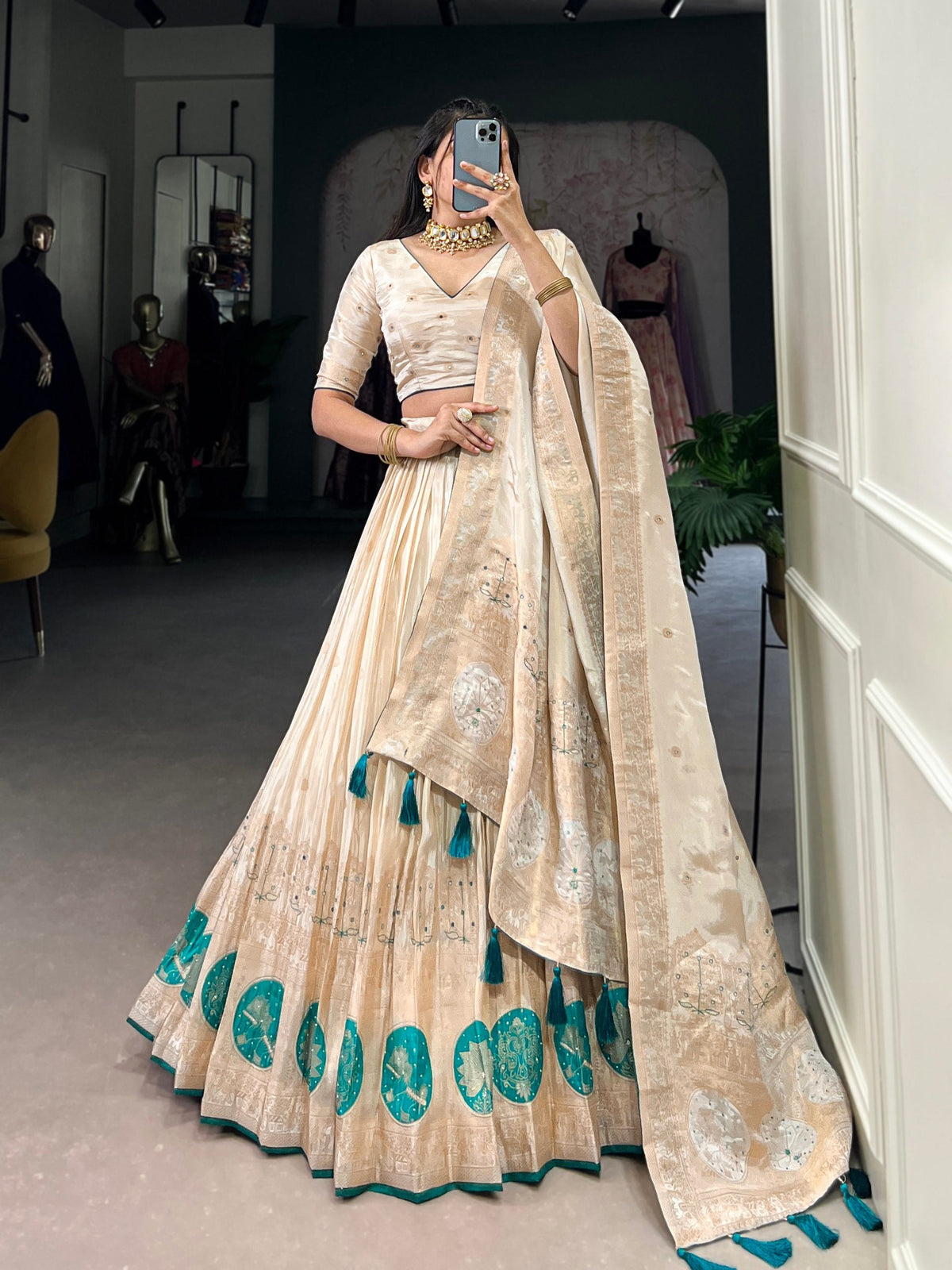 Bottle Green Radiant Shimmer Mirror & Beads Handwork Lehenga Set ClothsVilla Main image