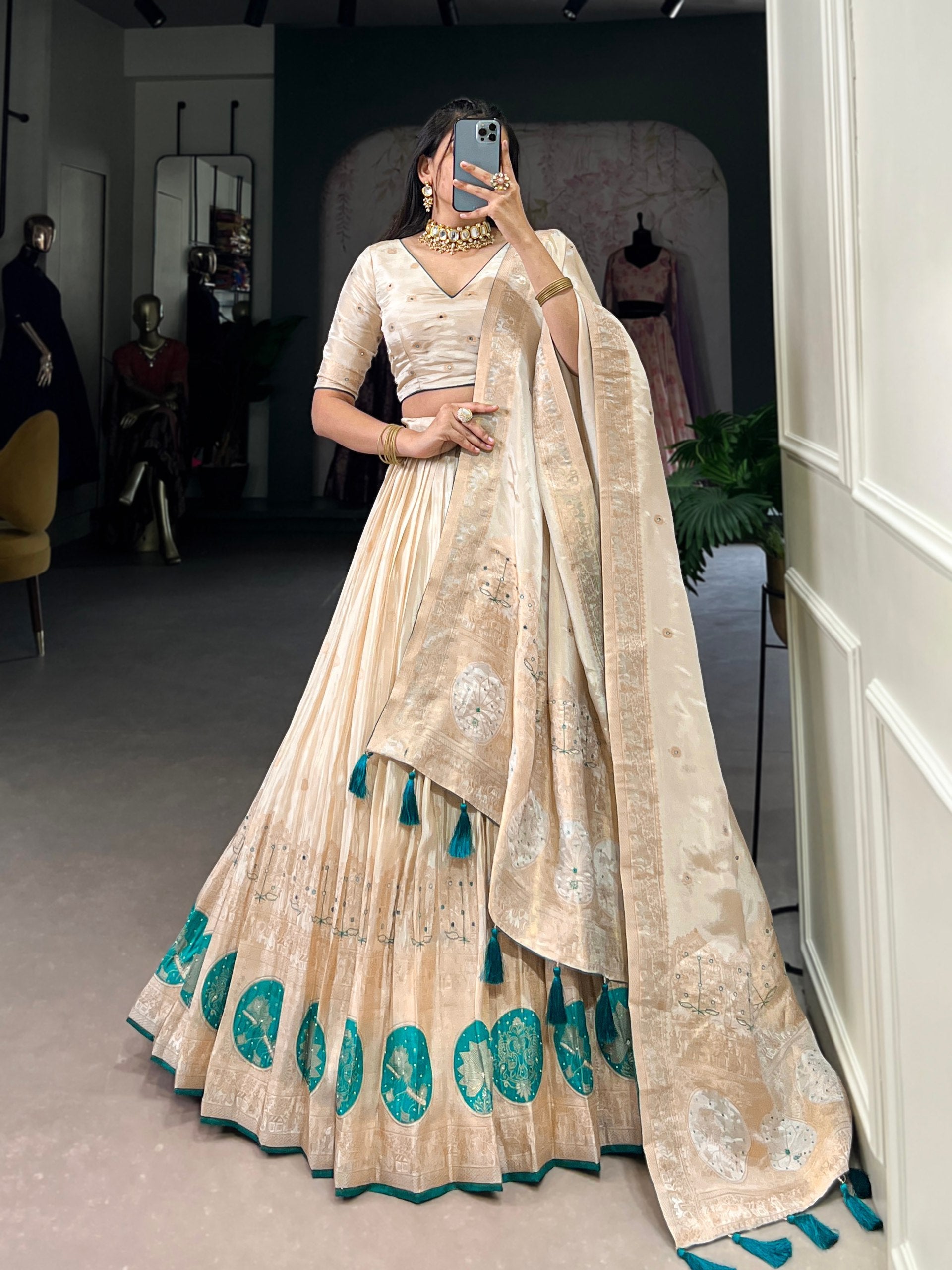 Bottle Green Radiant Shimmer Mirror & Beads Handwork Lehenga Set ClothsVilla Main image