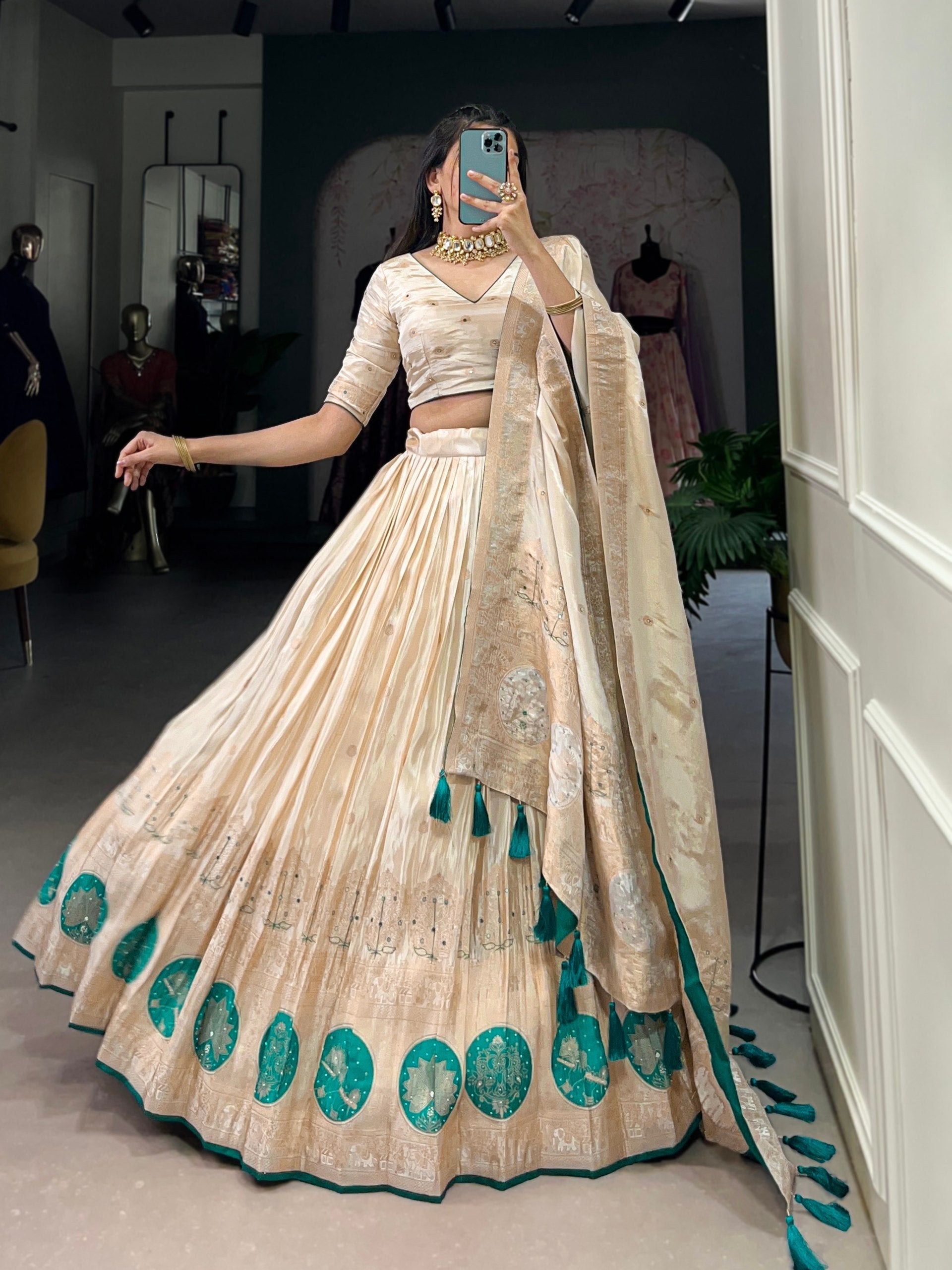 Bottle Green Radiant Shimmer Mirror & Beads Handwork Lehenga Set ClothsVilla