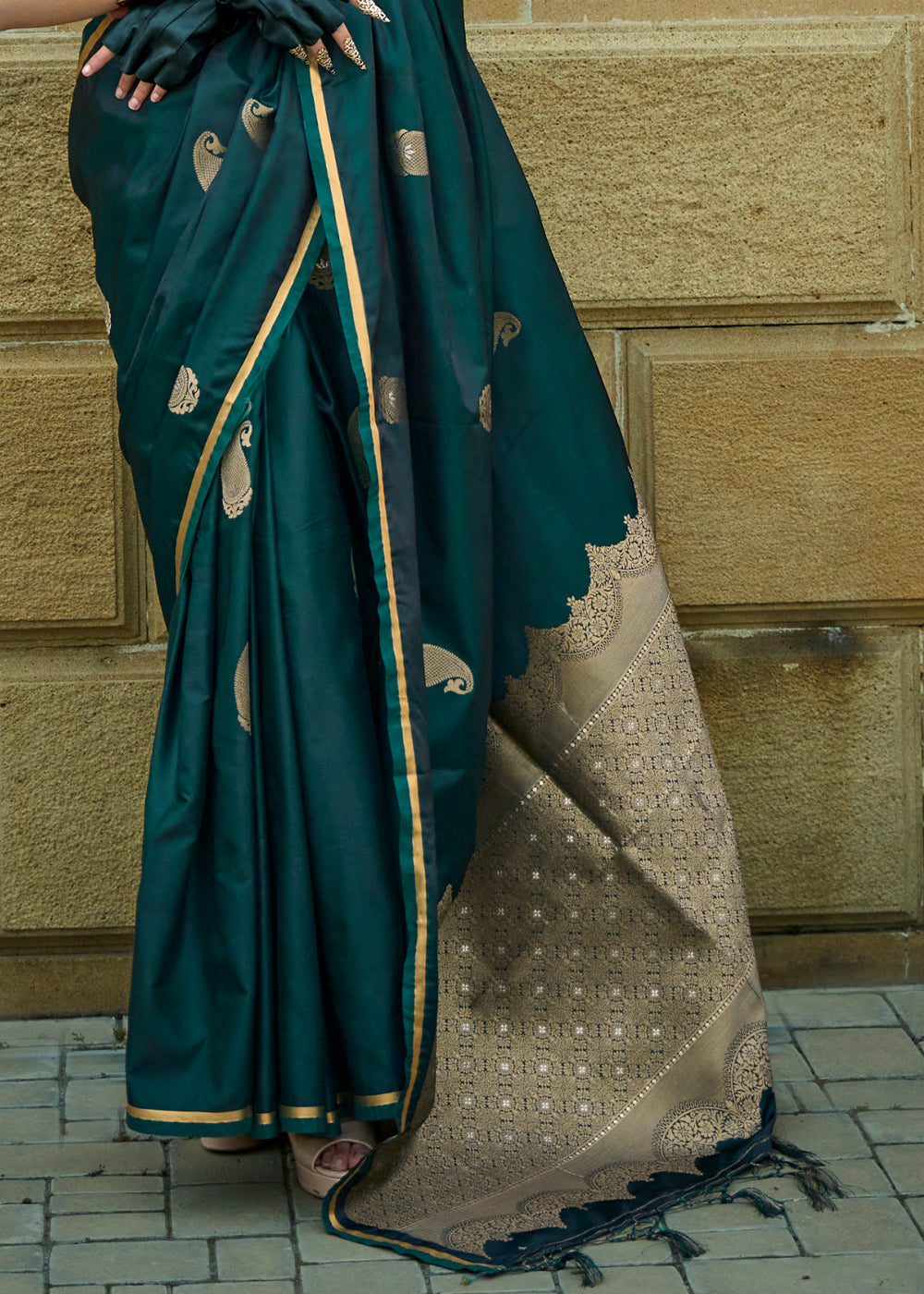 Bottle Green Regal Banarasi Satin Silk Saree – Timeless Elegance ClothsVilla